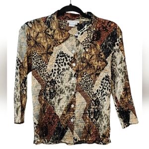 Alberto Makali Animal Print Button-Up Dress Shirt Top Blouse, Size Medium